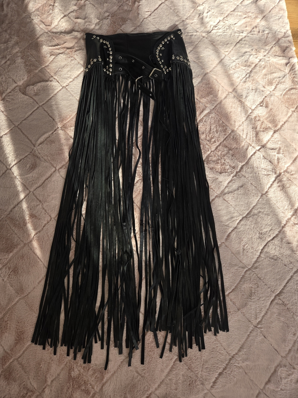 Black Studded Fringe Leather Waist Belt